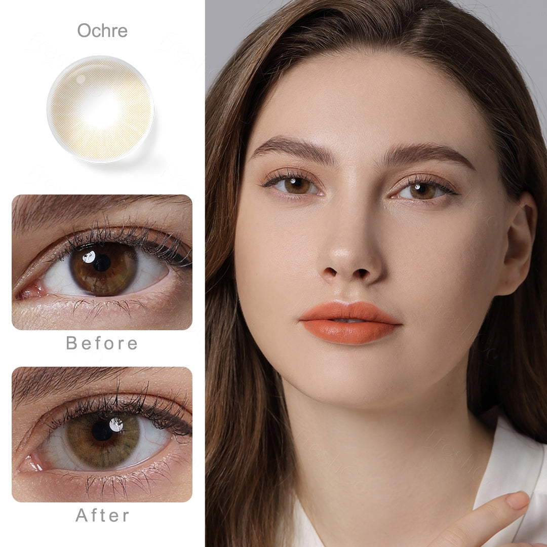 Brown colored contact lenses before and after comparison on dark eyes