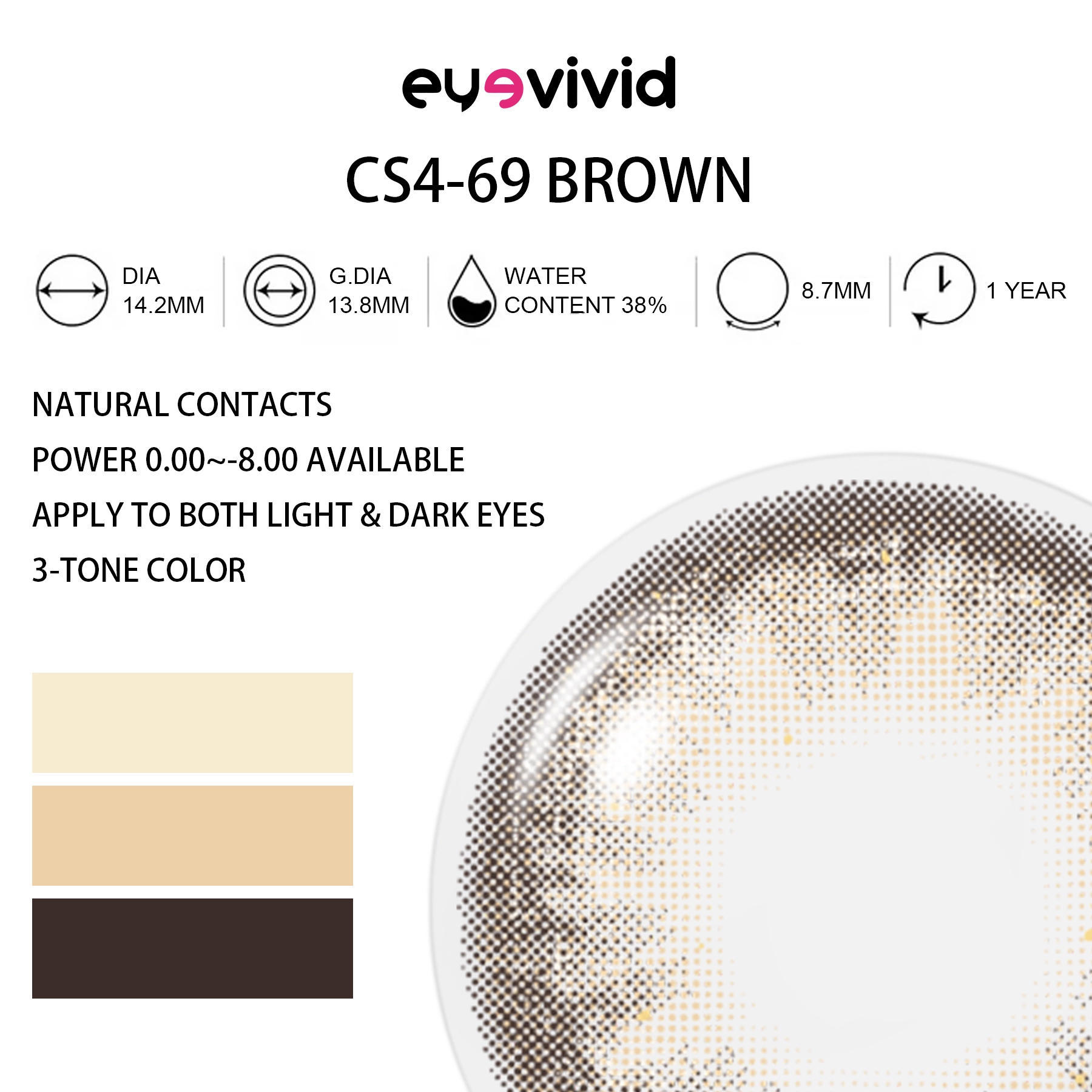 Taupe brown contact lenses for dark eyes in a natural everyday style